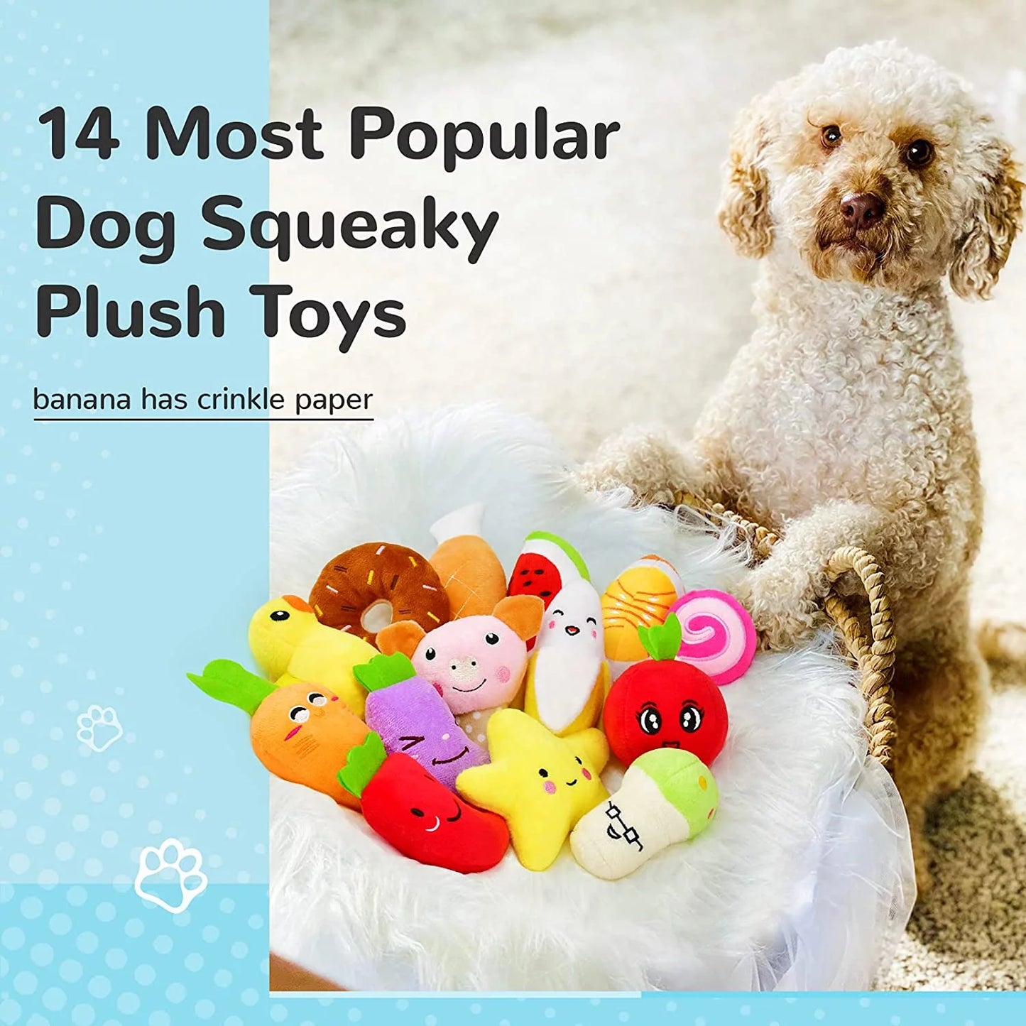 14 Pack Dog Squeaky Toys Cute Stuffed Plush Fruits Snacks and Vegetables Dog Toys for Puppy Small Medium Dog Pets